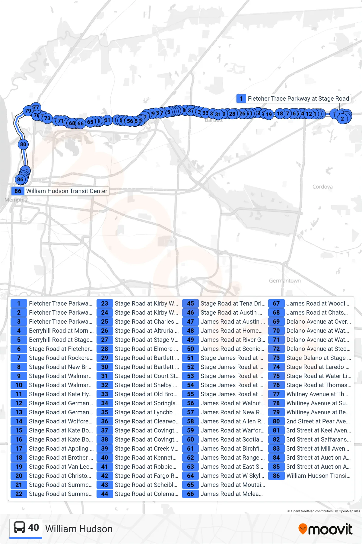 40 bus Line (William Hudson) route and stops on a map