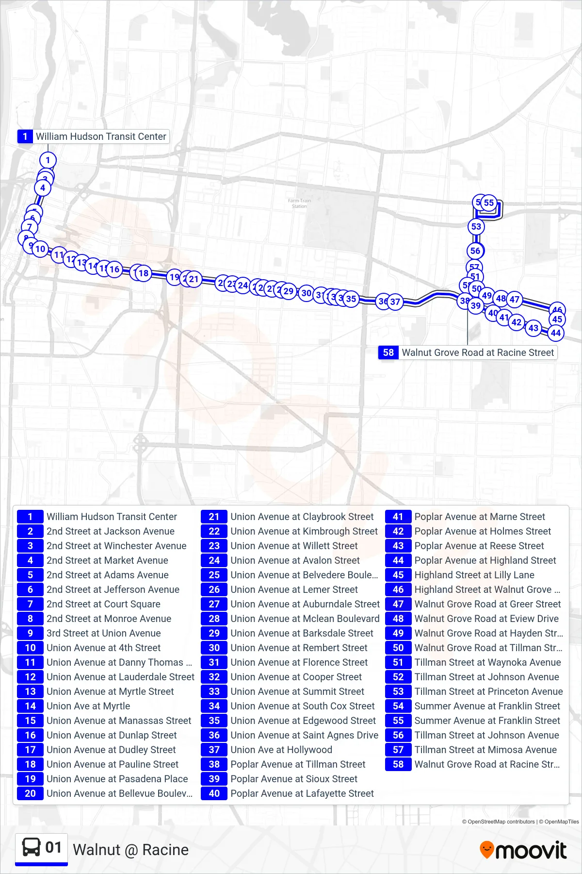 01 bus Line (Walnut @ Racine) route and stops on a map