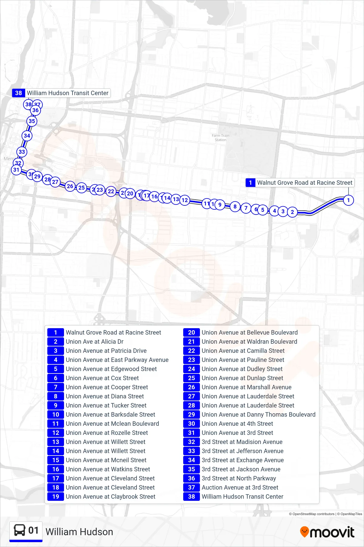 01 bus Line (William Hudson) route and stops on a map