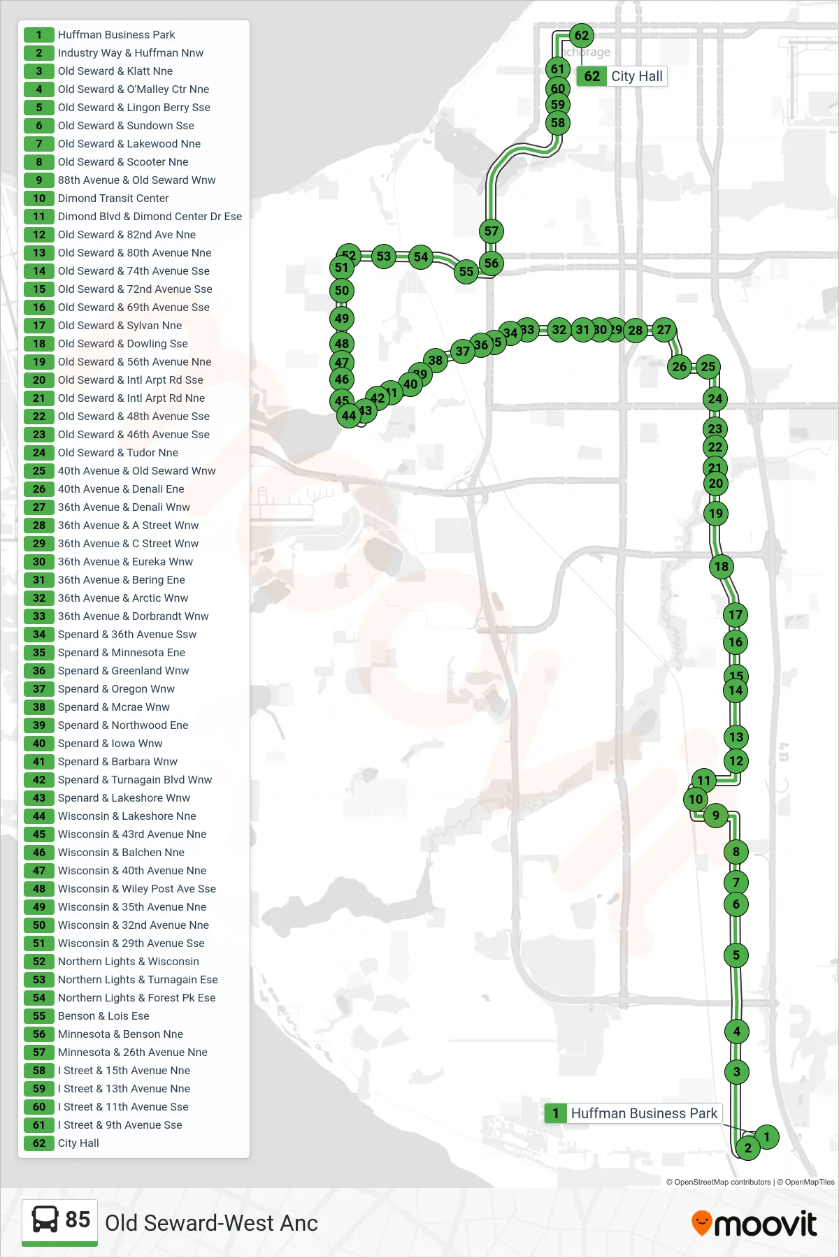 85 bus Line (To Downtown) route and stops on a map