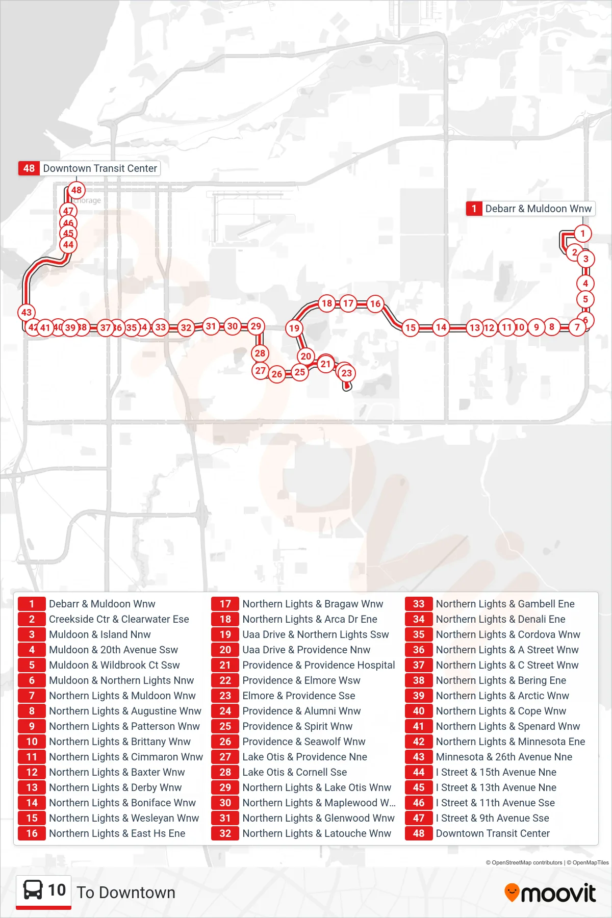 10 bus Line (To Downtown) route and stops on a map