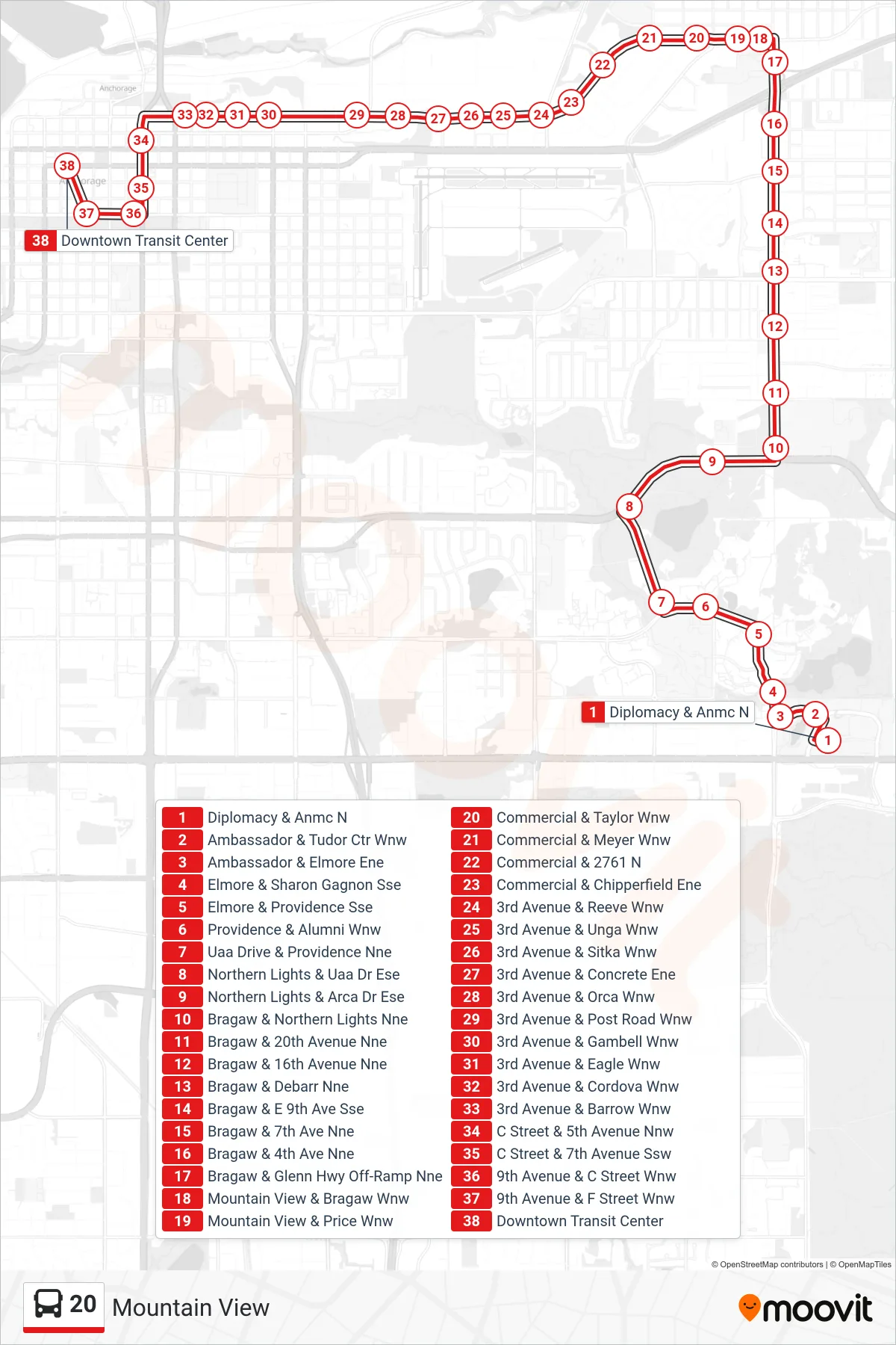20 bus Line (To Downtown) route and stops on a map