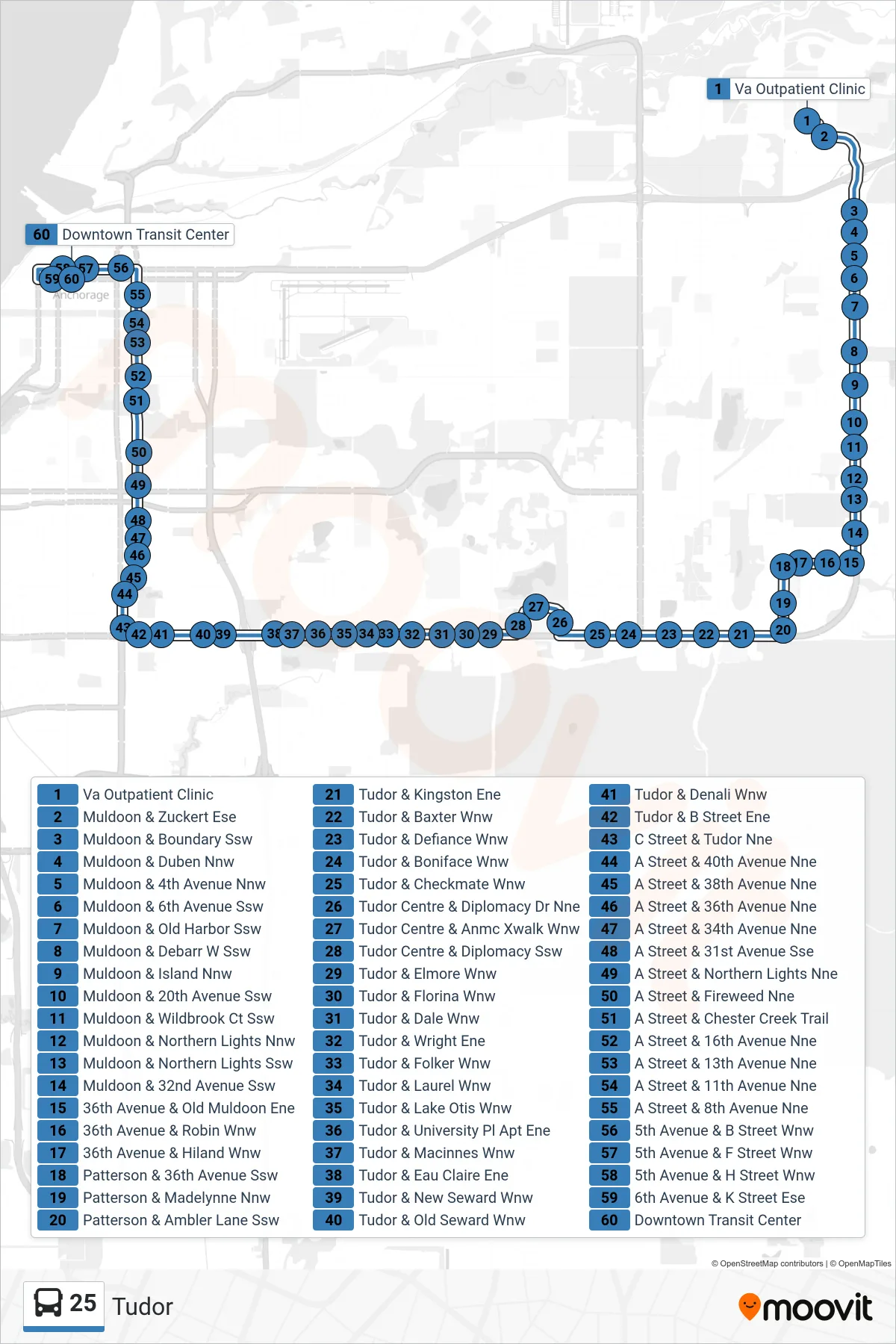 25 bus Line (To Downtown) route and stops on a map
