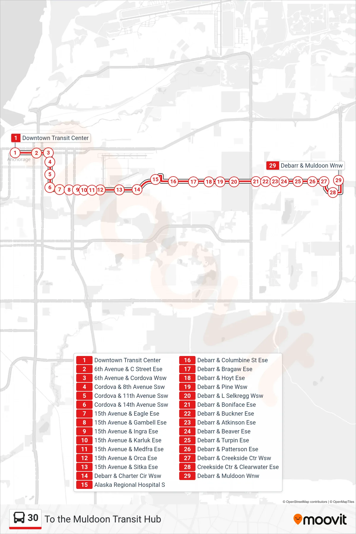 30 bus Line (To the Muldoon Transit Hub) route and stops on a map