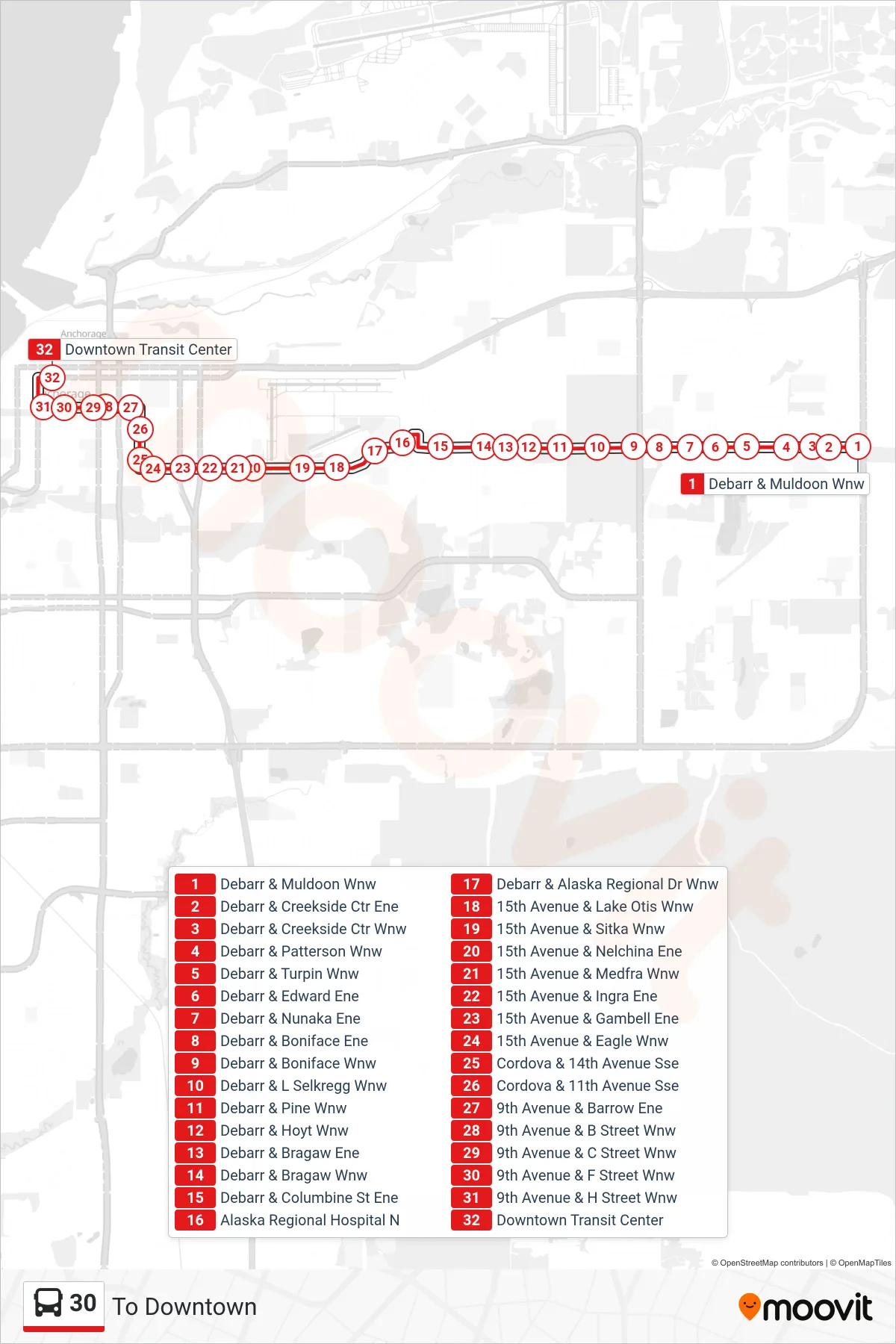 30 bus Line (To Downtown) route and stops on a map