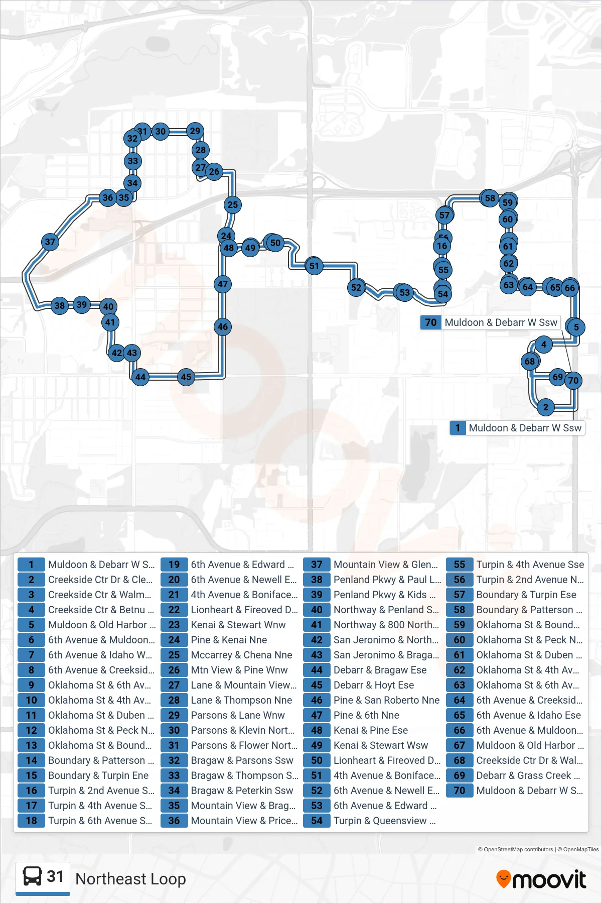 31 bus Line (Northeast Loop) route and stops on a map