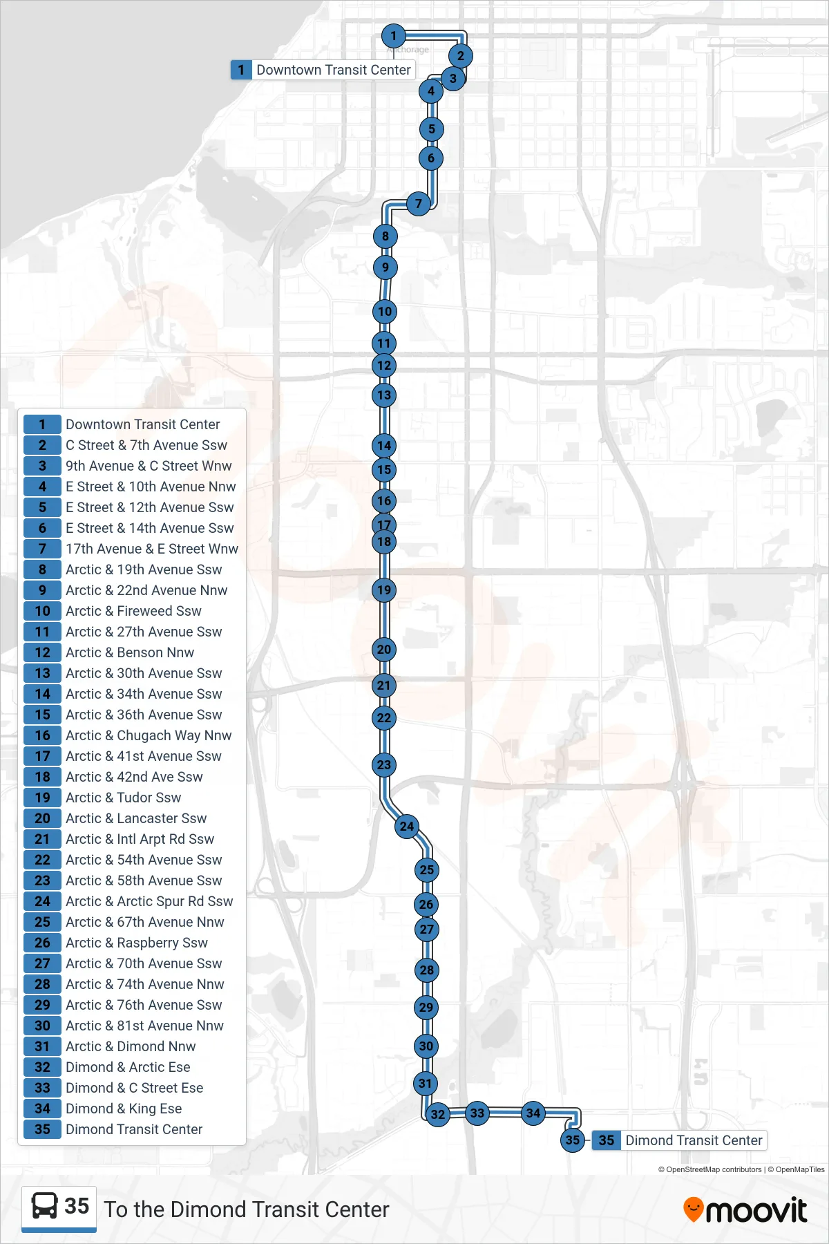 35 bus Line (To the Dimond Transit Center) route and stops on a map