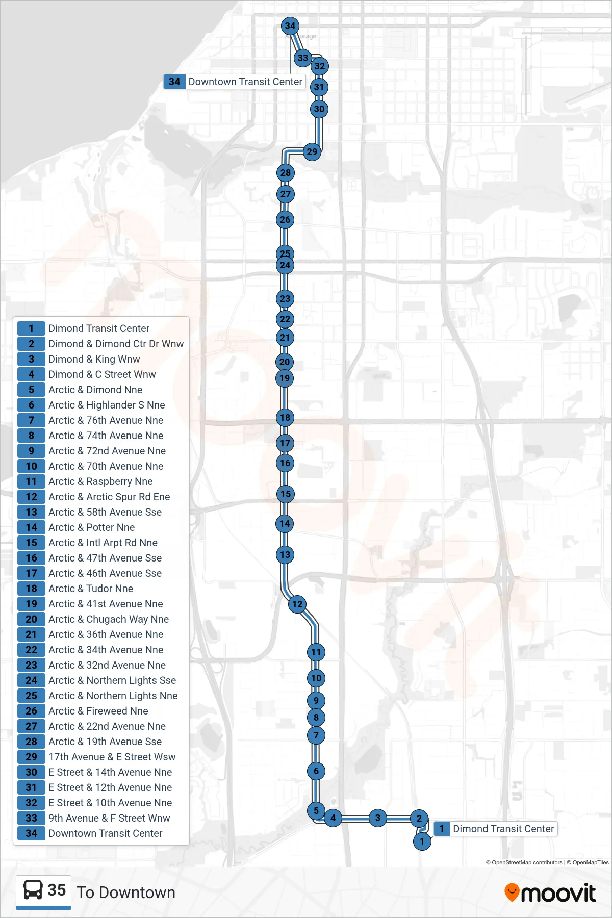 35 bus Line (To Downtown) route and stops on a map