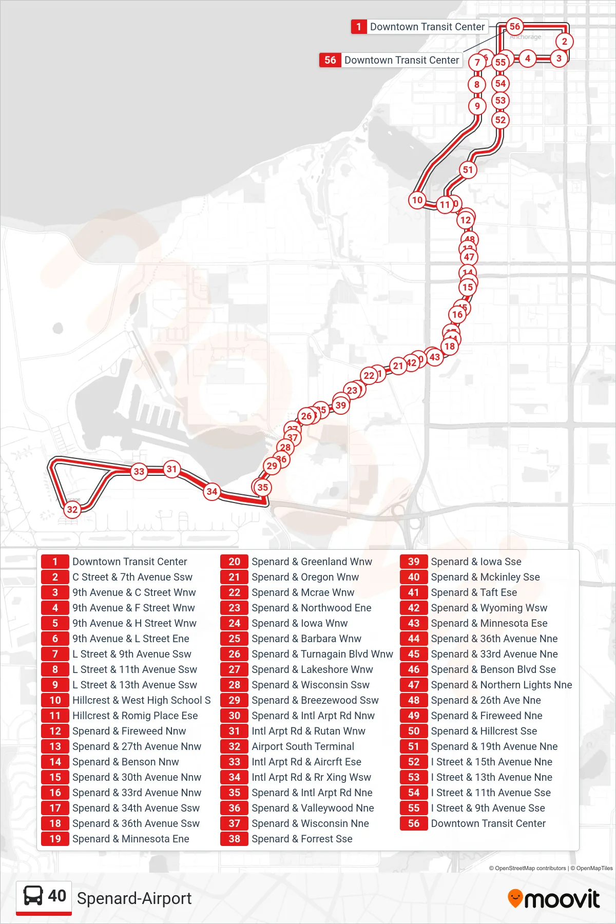 40 bus Line (Spenard - To the Airport) route and stops on a map