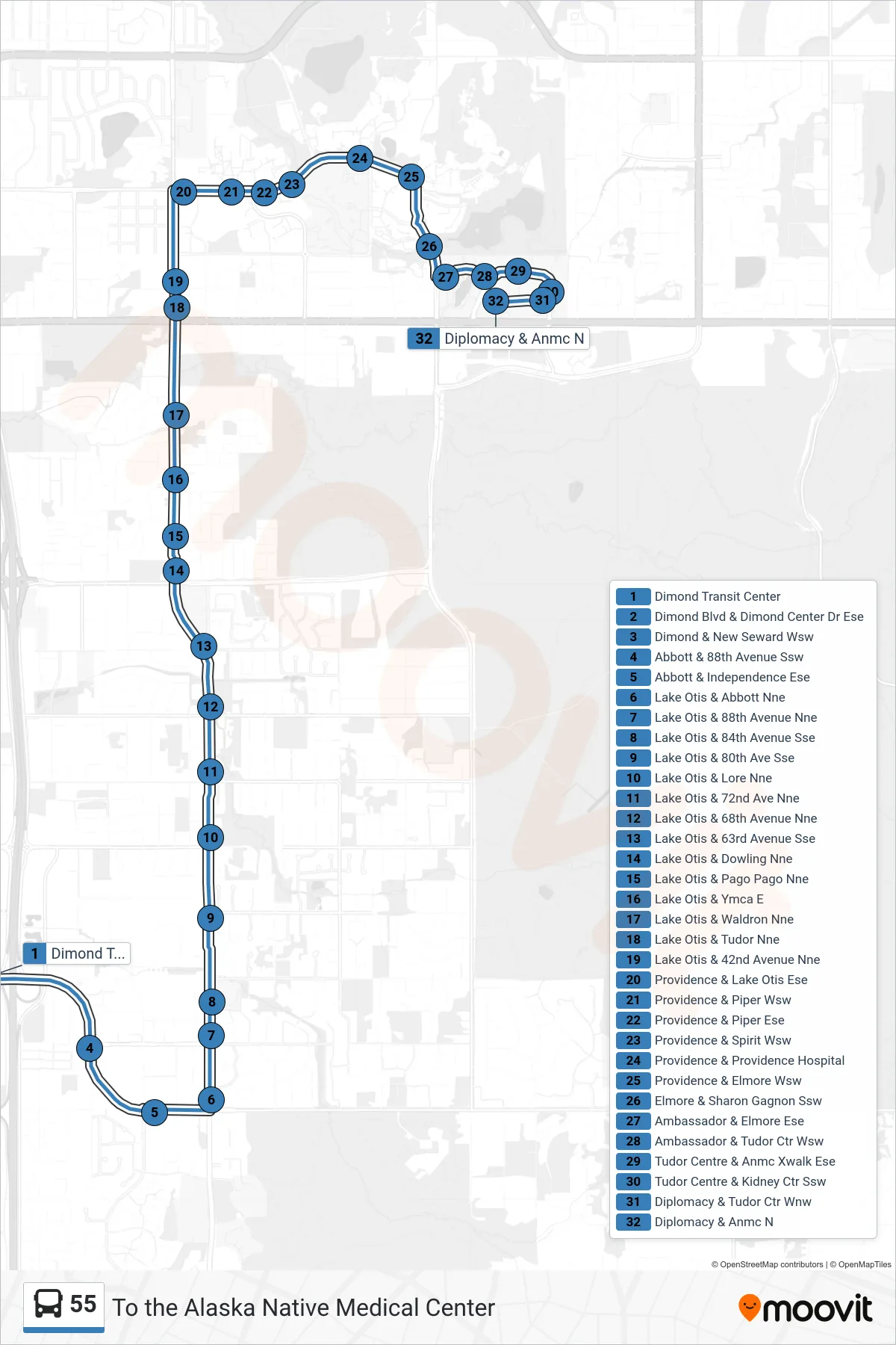 55 bus Line (To the Alaska Native Medical Center) route and stops on a map