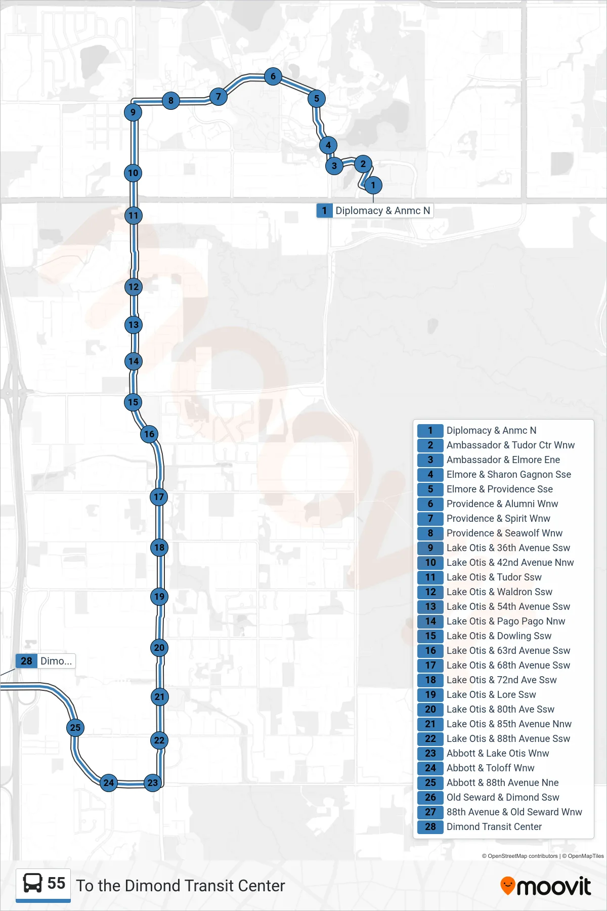 55 bus Line (To the Dimond Transit Center) route and stops on a map
