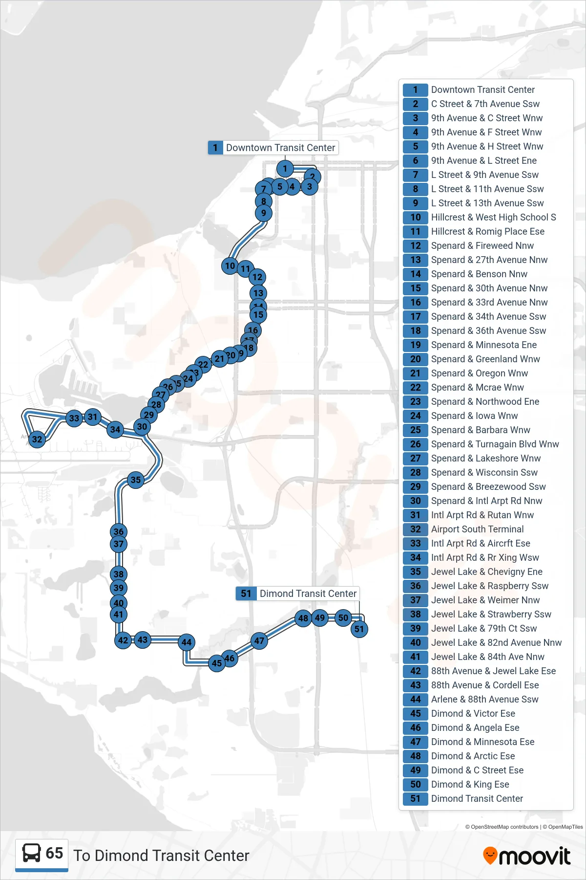 65 bus Line (To Dimond Transit Center) route and stops on a map