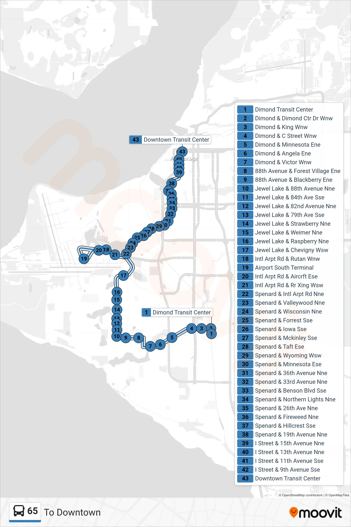 65 bus Line (To Downtown) route and stops on a map