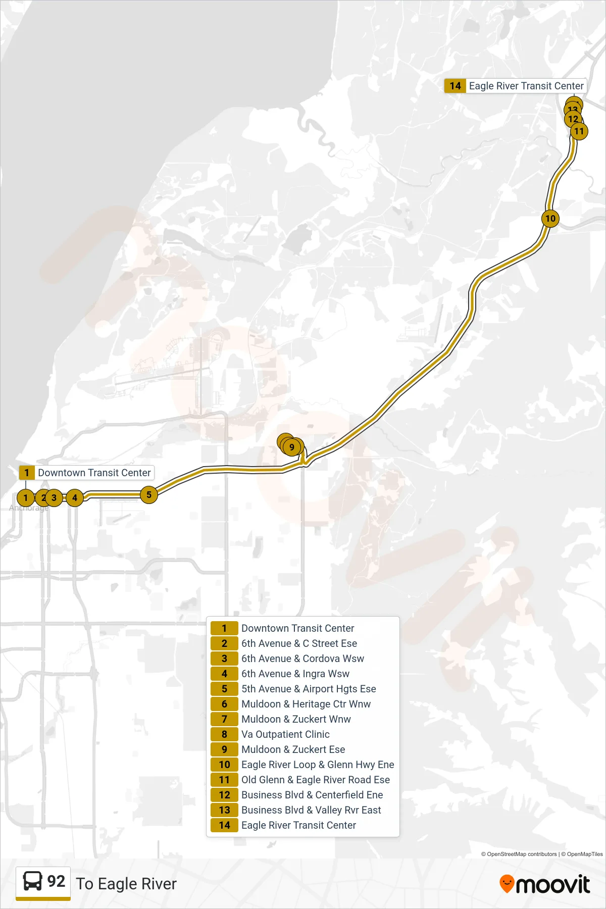 92 bus Line (To Eagle River) route and stops on a map