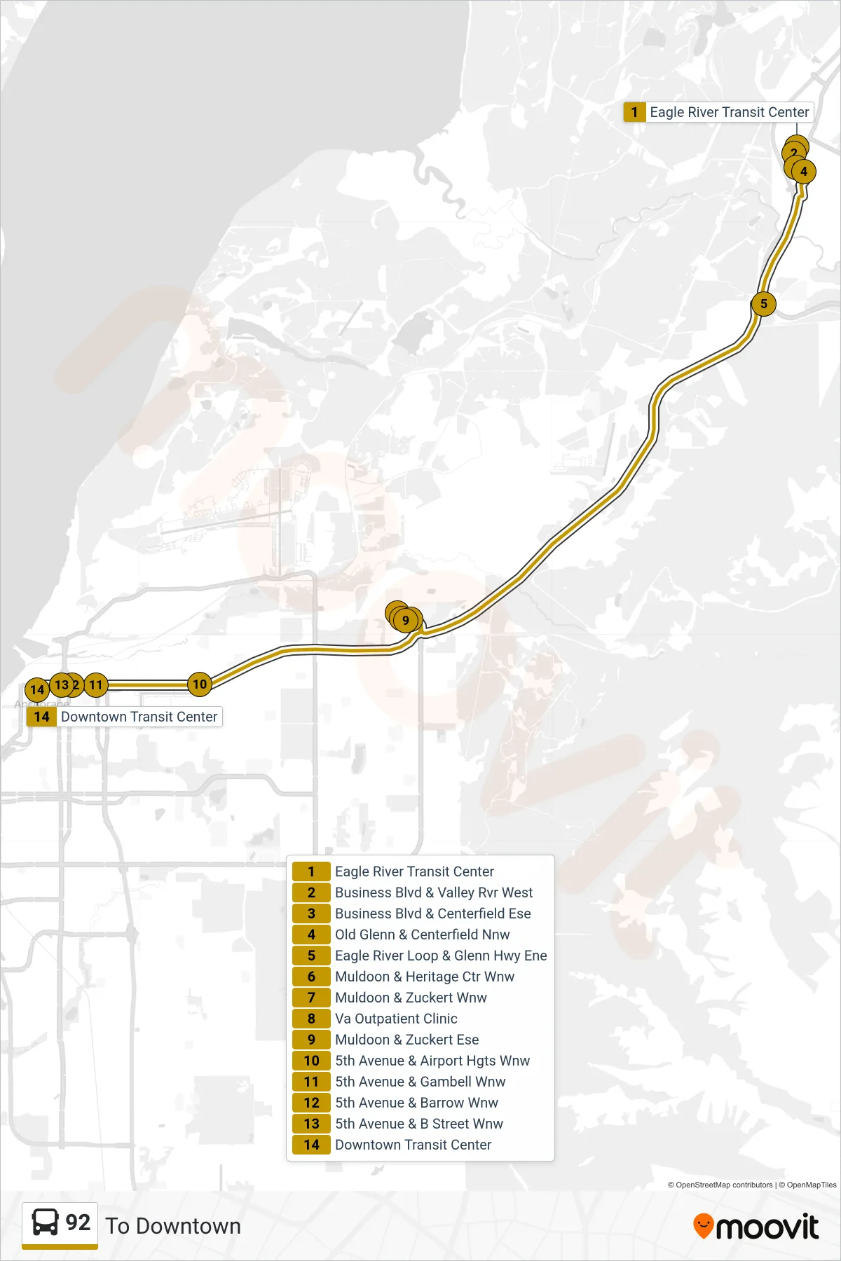 92 bus Line (To Downtown) route and stops on a map