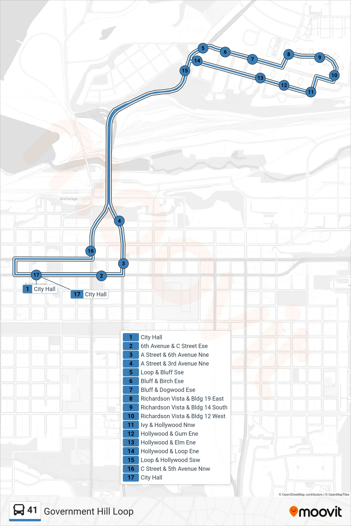 41 bus Line (Government Hill Loop) route and stops on a map