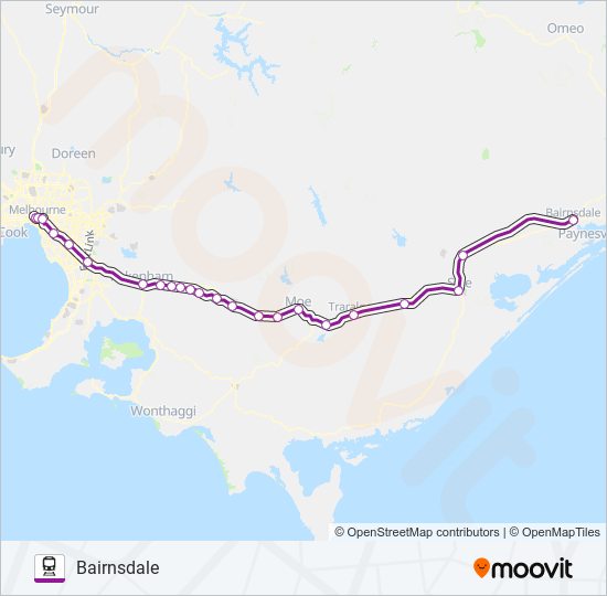 MELBOURNE - BAIRNSDALE VIA SALE & TRARALGON train Line Map