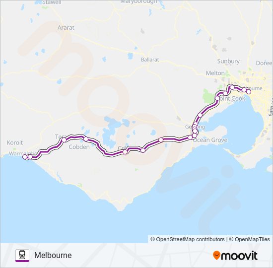 WARRNAMBOOL - MELBOURNE VIA GEELONG & COLAC train Line Map