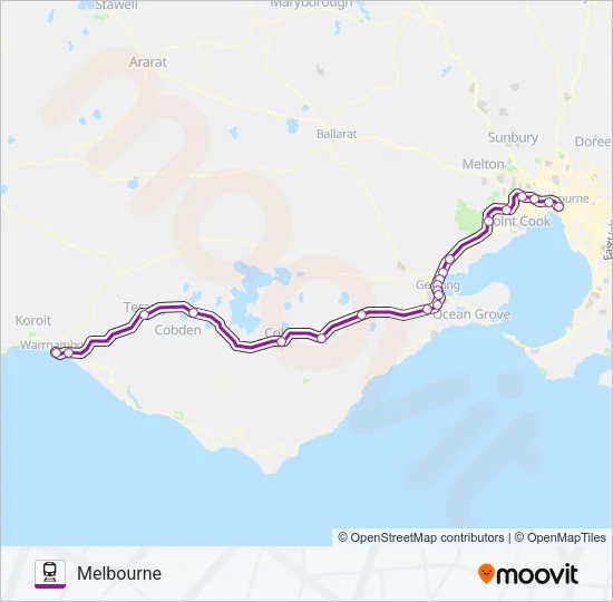 WARRNAMBOOL - MELBOURNE VIA GEELONG & COLAC  Line Map
