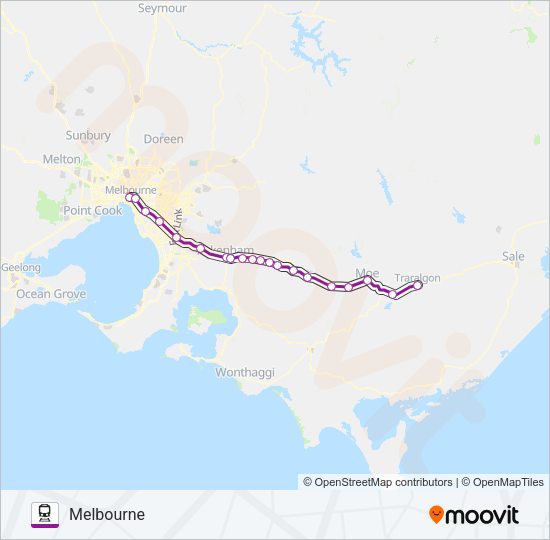 TRARALGON - MELBOURNE VIA PAKENHAM, MOE & MORWELL Train Line Map