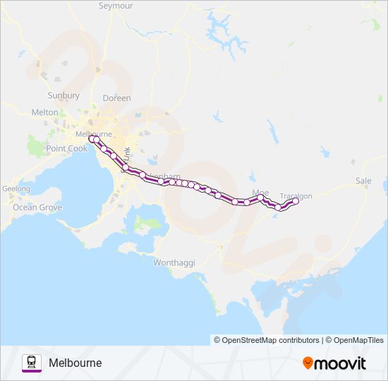 TRARALGON - MELBOURNE VIA PAKENHAM, MOE & MORWELL train Line Map