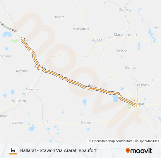 BALLARAT - STAWELL VIA ARARAT, BEAUFORT Bus Line Map