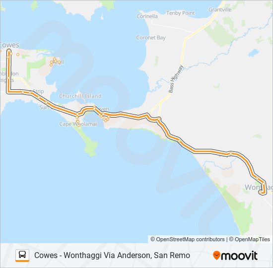 COWES - WONTHAGGI VIA ANDERSON, SAN REMO bus Line Map