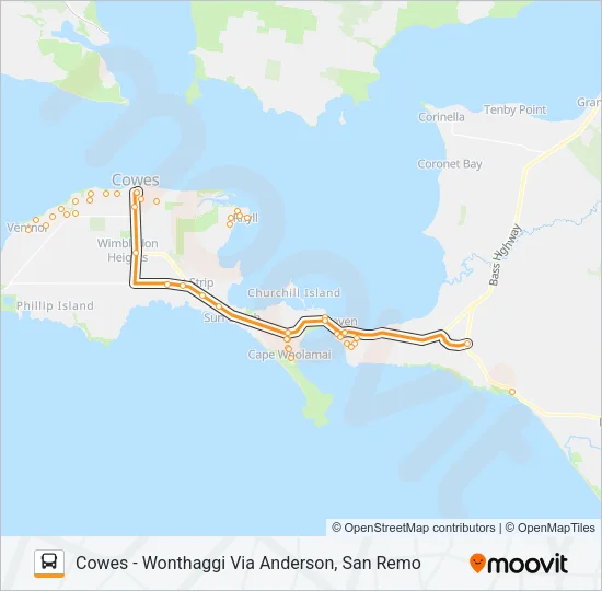 COWES - WONTHAGGI VIA ANDERSON, SAN REMO Bus Line Map