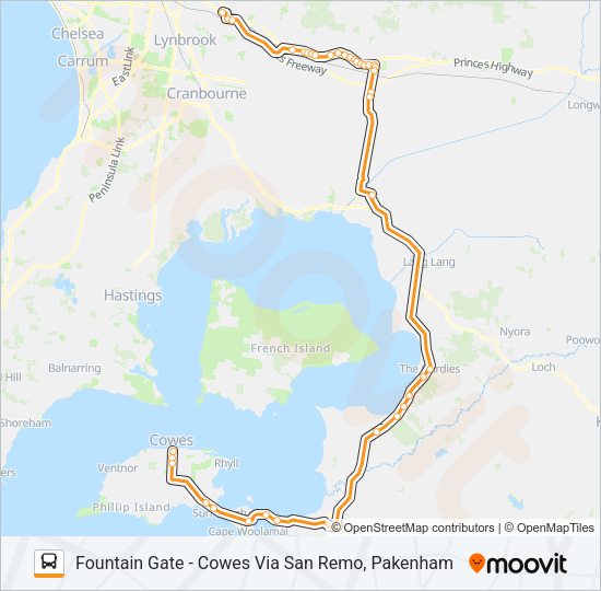FOUNTAIN GATE - COWES VIA SAN REMO, PAKENHAM Bus Line Map