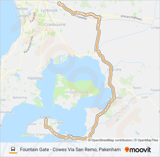 FOUNTAIN GATE - COWES VIA SAN REMO, PAKENHAM Bus Line Map