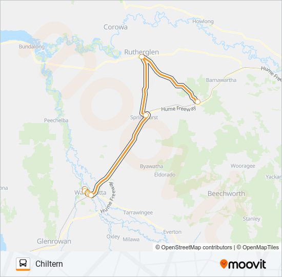 CHILTERN - WANGARATTA VIA SPRINGHURST, RUTHERGLEN bus Line Map