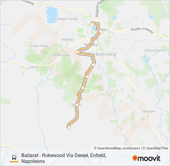 BALLARAT - ROKEWOOD VIA DEREEL, ENFIELD, NAPOLEONS bus Line Map