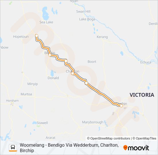 WOOMELANG - BENDIGO VIA WEDDERBURN, CHARLTON, BIRCHIP Bus Line Map
