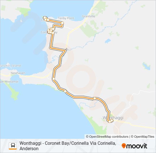 WONTHAGGI - CORONET BAY/CORINELLA VIA CORINELLA, ANDERSON bus Line Map