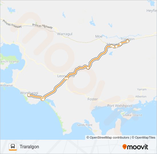 TRARALGON - WONTHAGGI VIA INVERLOCH, LEONGATHA, MIRBOO NTH bus Line Map