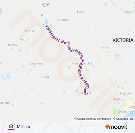 MELBOURNE - MILDURA VIA DONALD & BALLARAT Bus Line Map