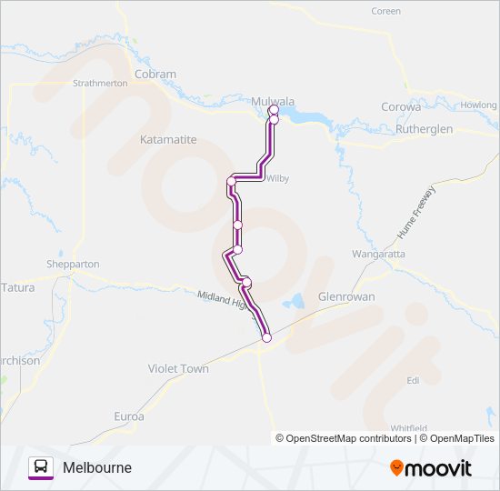 MELBOURNE - MULWALA VIA BENALLA & SEYMOUR Bus Line Map