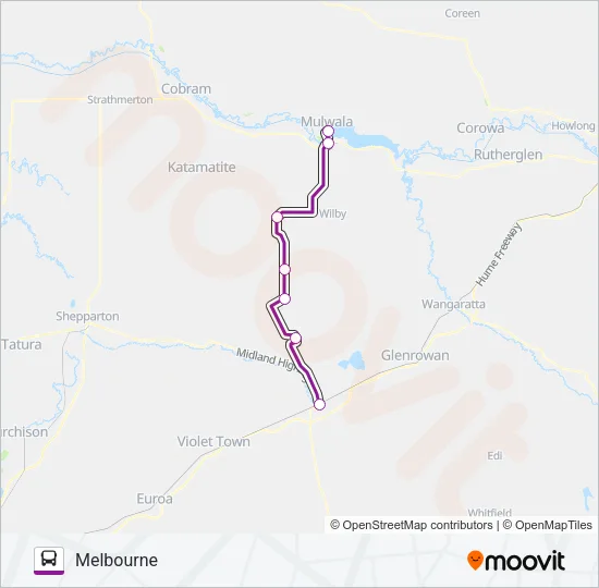 MELBOURNE - MULWALA VIA BENALLA & SEYMOUR Bus Line Map