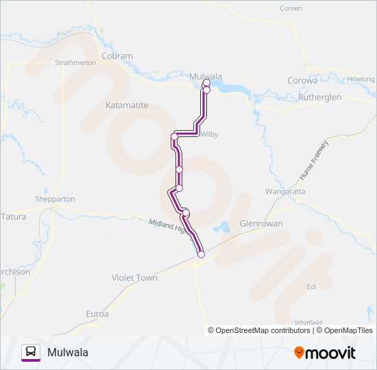 MELBOURNE - MULWALA VIA BENALLA & SEYMOUR Bus Line Map