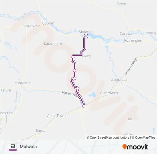MELBOURNE - MULWALA VIA BENALLA & SEYMOUR Bus Line Map