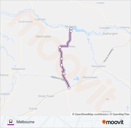 Mapa de MELBOURNE - MULWALA VIA BENALLA & SEYMOUR de autobús