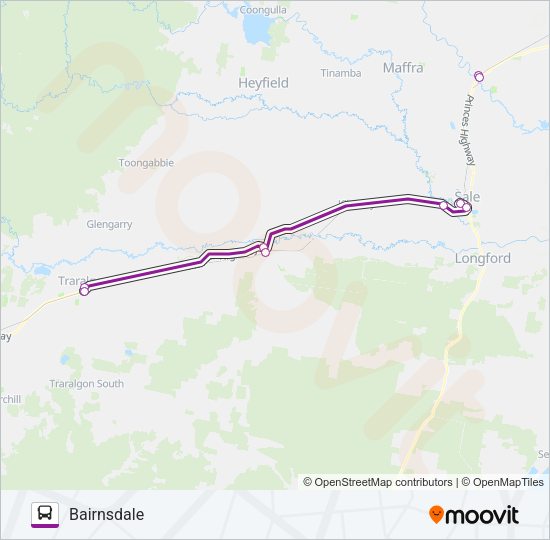 MELBOURNE - BAIRNSDALE VIA SALE & TRARALGON Bus Line Map