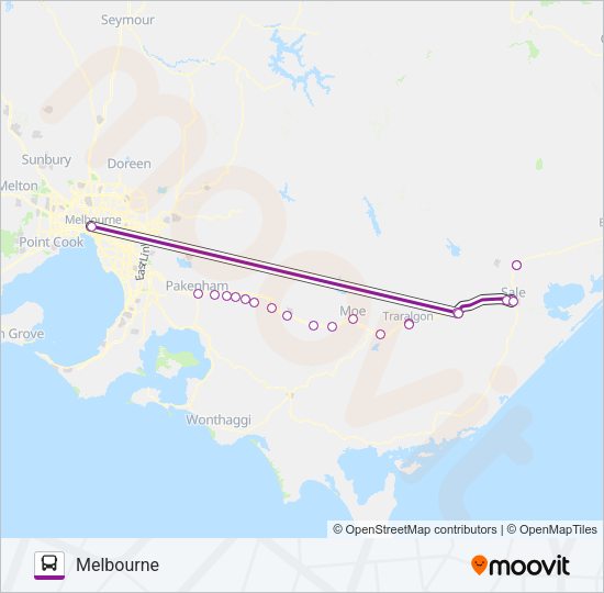 MELBOURNE - BAIRNSDALE VIA SALE & TRARALGON Bus Line Map