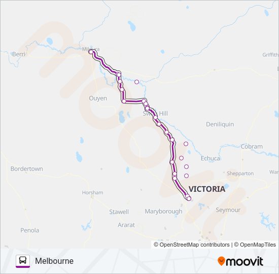 MELBOURNE - MILDURA VIA SWAN HILL & BENDIGO Bus Line Map