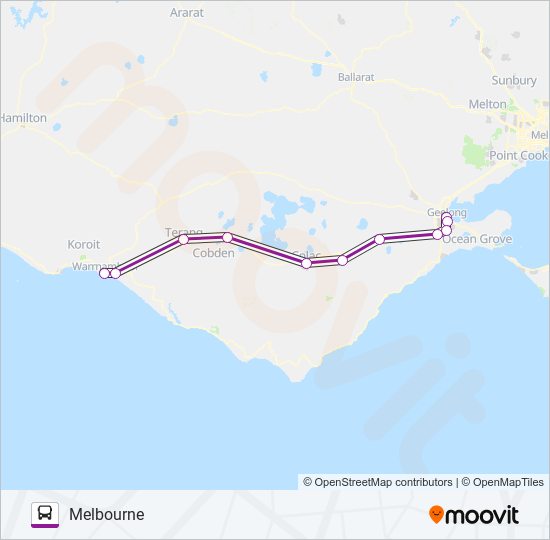 Mapa de WARRNAMBOOL - MELBOURNE VIA GEELONG & COLAC de autobús