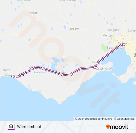 WARRNAMBOOL - MELBOURNE VIA GEELONG & COLAC Bus Line Map