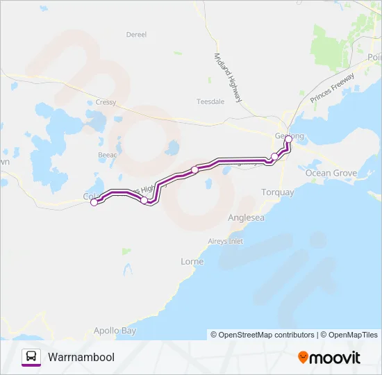 WARRNAMBOOL - MELBOURNE VIA GEELONG & COLAC Bus Line Map