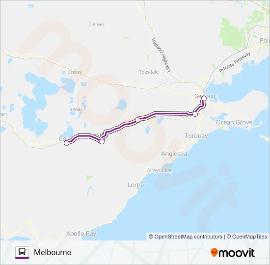 WARRNAMBOOL - MELBOURNE VIA GEELONG & COLAC Bus Line Map