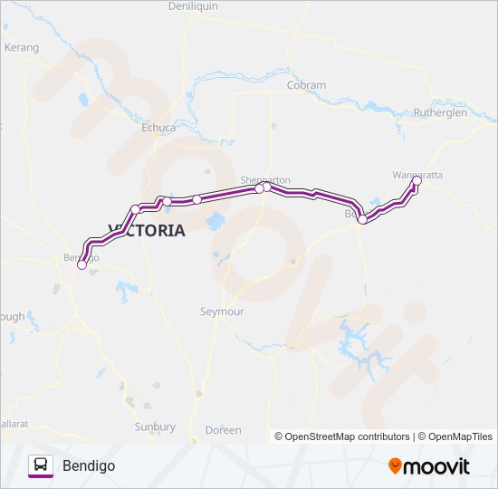 BENDIGO - ALBURY VIA WANGARATTA & SHEPPARTON Bus Line Map