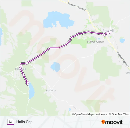 HALLS GAP - MELBOURNE VIA BALLARAT & STAWELL Bus Line Map